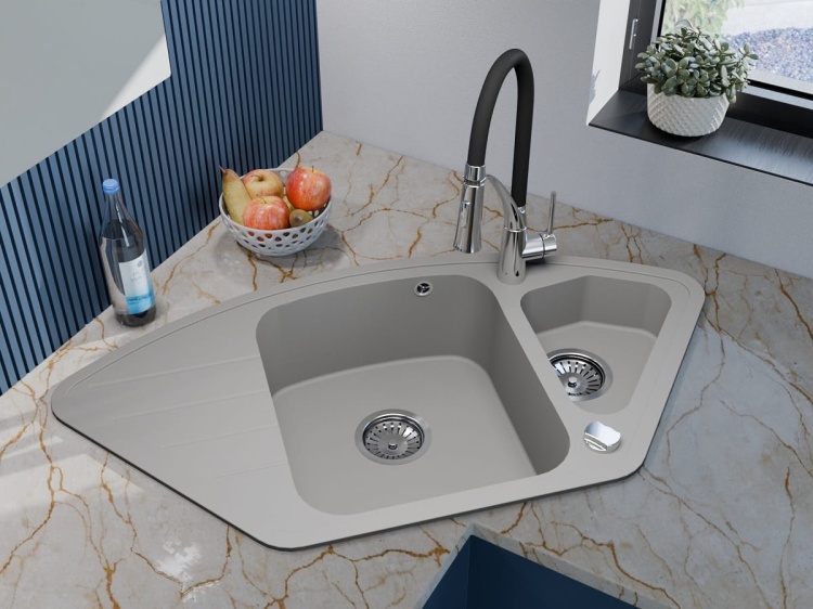 Zlewozmywak Granitowy półtorakomorowy z ociekaczem szary MERKURY. Zdjęcie z instalacją w blacie.