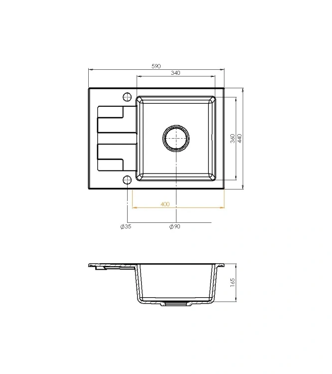 Zlewozmywak granitowy jednokomorowy z ociekaczem beżowy NELI 59 - rysunek techniczny.