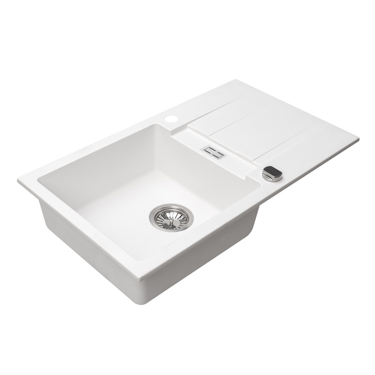 Zlewozmywak granitowy jednokomorowy z ocziekaczem bialy perspektywa boczna