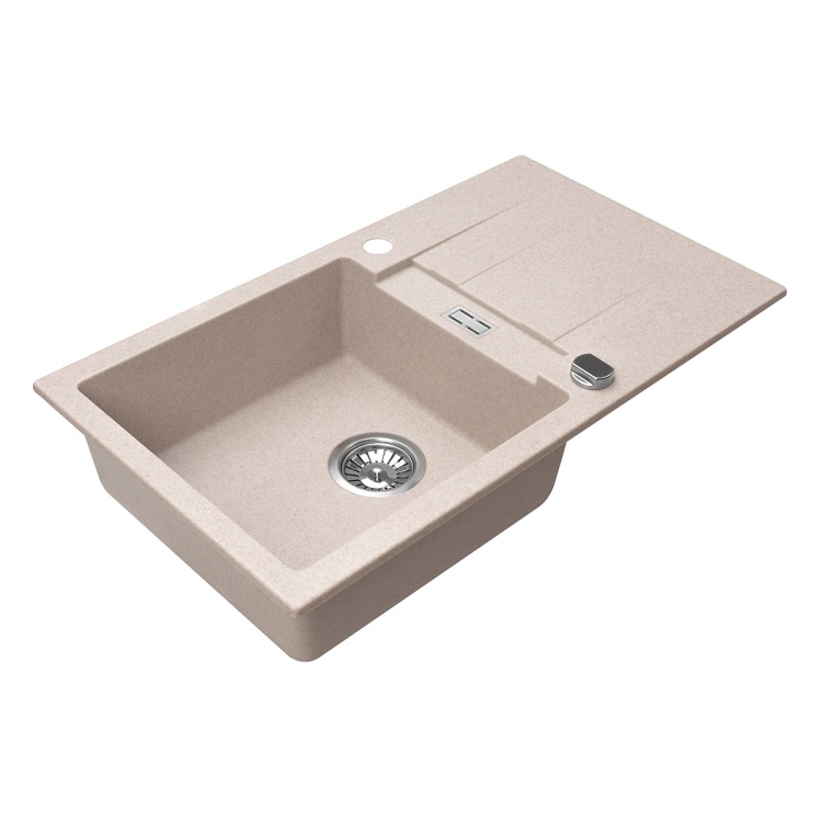 Zlewozmywak granitowy jednokomorowy z ocziekaczem beżowy perspektywa boczna