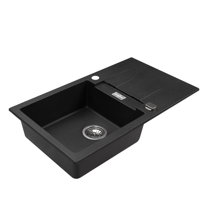 Zlewozmywak granitowy jednokomorowy z ocziekaczem czarny metalik. Perspektywa boczna.