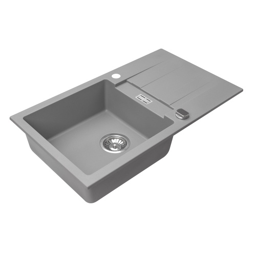 Zlewozmywak z ocziekaczem. Kolor szary granitowy. Perspektywa boczna.