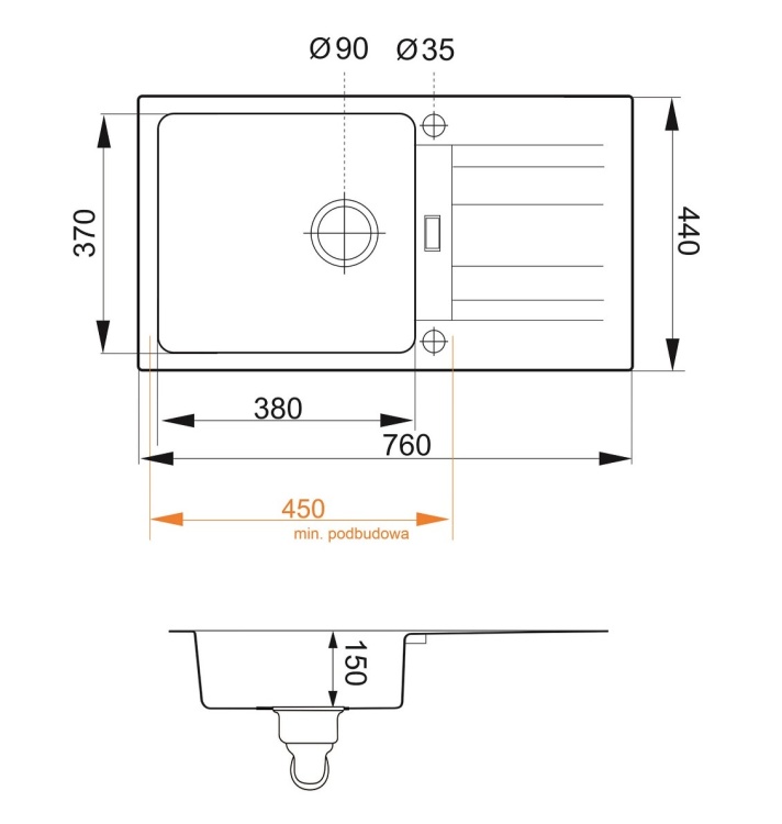 Rysunek techniczny szarego zlewozmywaka granitowego ATHENA