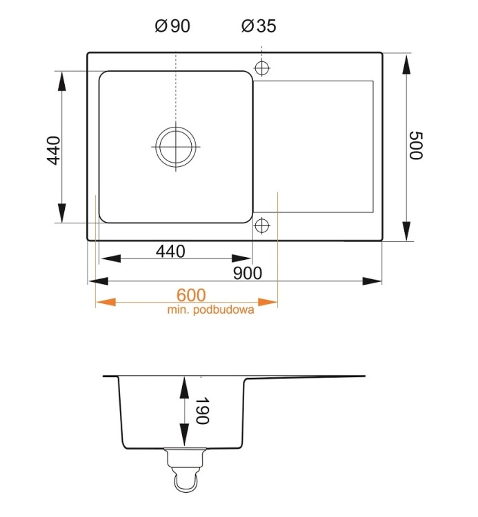 Cordeo XL rysunek techniczny zlewu granitowego
