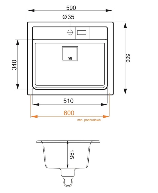 Rysunek techniczny zlewu granitowego YORK