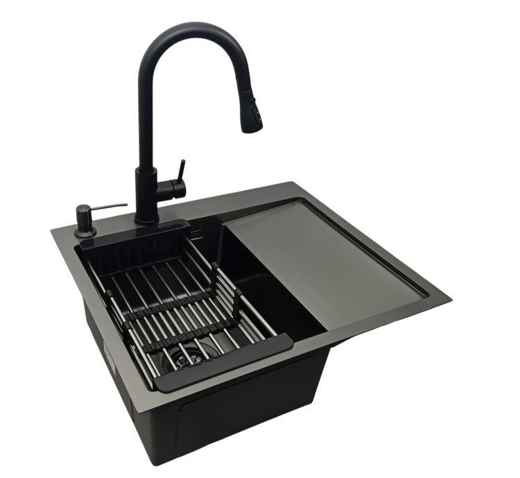 Zlewozmywak jednokomorowy stalowy z ociekaczem czarny STELLMAN - zestaw