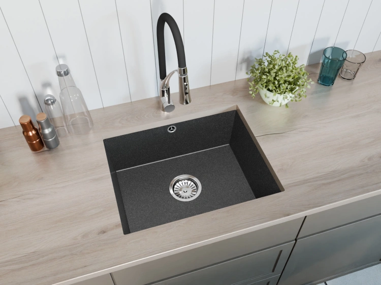 Zlewozmywak kuchenny granitowy jednokomorowy podwieszany JUNIT 56 czarny nakrapiany