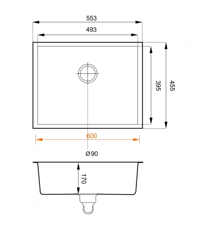 Zlewozmywak granitowy biały JUNIT 56 - rysunek techniczny