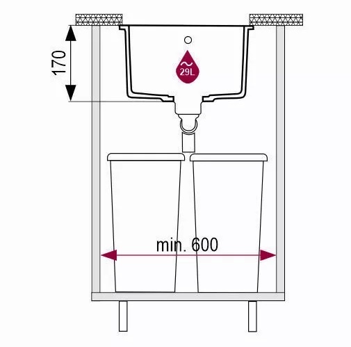 Rysunek techniczny zlewozmywaka kuchennego granitowego jednokomorowego podwieszanego JUNIT 56