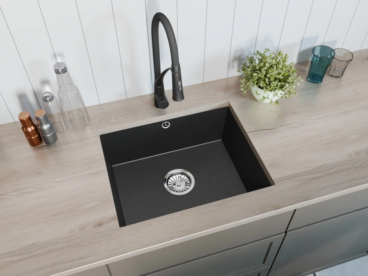 Zlewozmywak kuchenny granitowy jednokomorowy podwieszany JUNIT 56 - czarny metalik