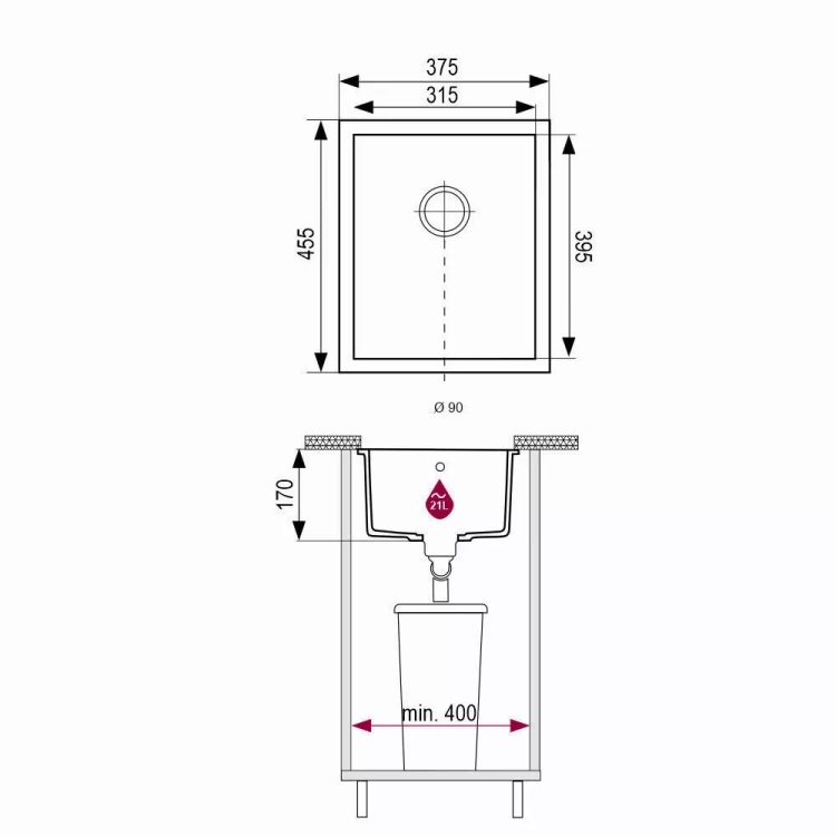 Rysunek techniczny zlewozmywaka kuchennego granitowego jednokomorowego podwieszanego Junit 38