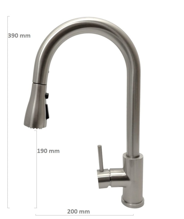 Rysunek techniczny - baterii Miura z wyciąganą wylewką Inox