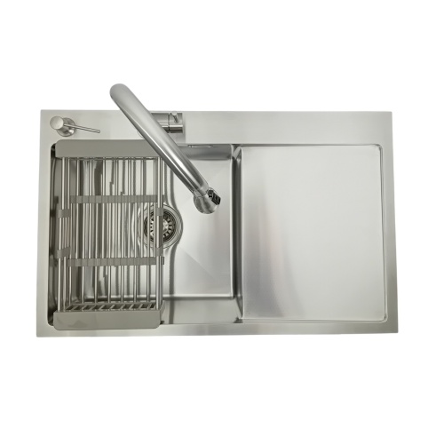 Zlewozmywak stalowy jednokomorowy STEEL 7849L z Dozownikiem, Baterią MIURA i Koszyk