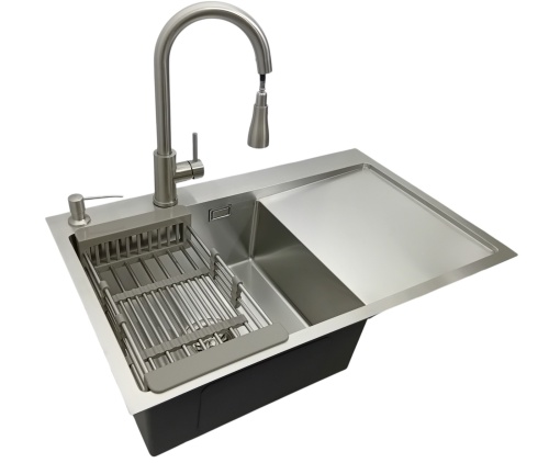 Zlewozmywak stalowy 7849 L + bateria + koszyk + dozownik