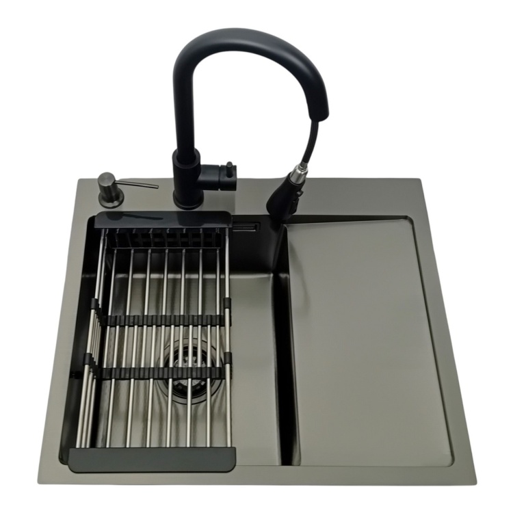 Zlewozmywak stalowy jednokomorowy z ociekaczem czarny 5849L lewa komora z Dozownikiem, Baterią MIURA oraz Koszyk