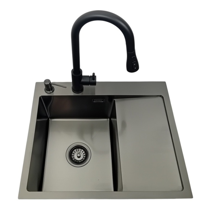 Zlewozmywak stalowy jednokomorowy z ociekaczem czarny 5849L lewa komora z Dozownikiem i Baterią MIURA