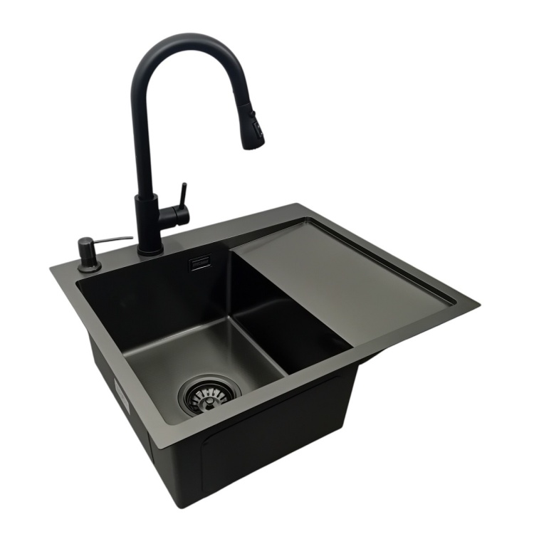 Zlewozmywak stalowy jednokomorowy lewy dozownik oraz bateria MIURA