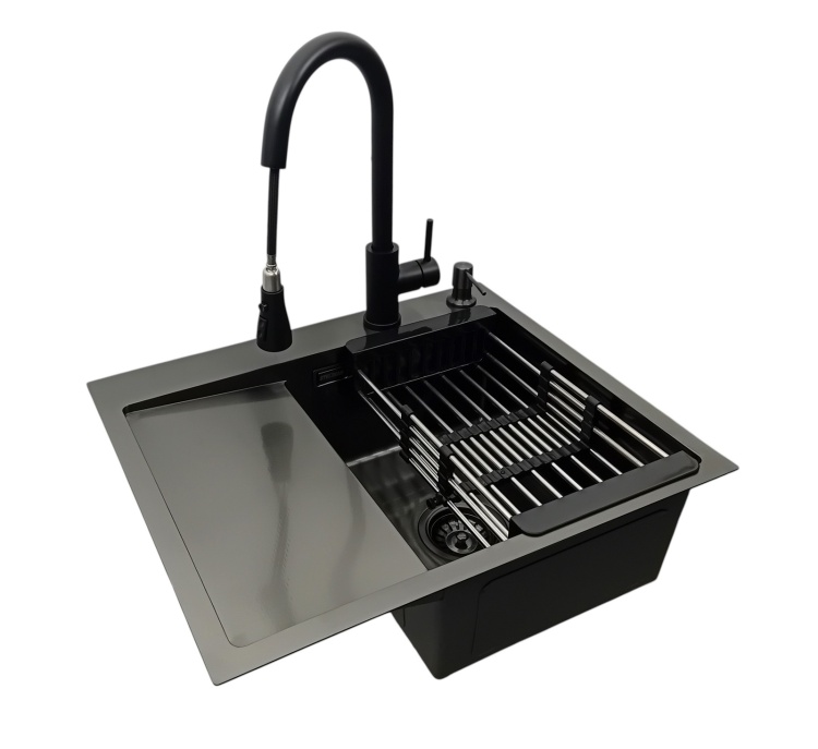 Zlewozmywak czarny + bateria + dozownik + koszyk