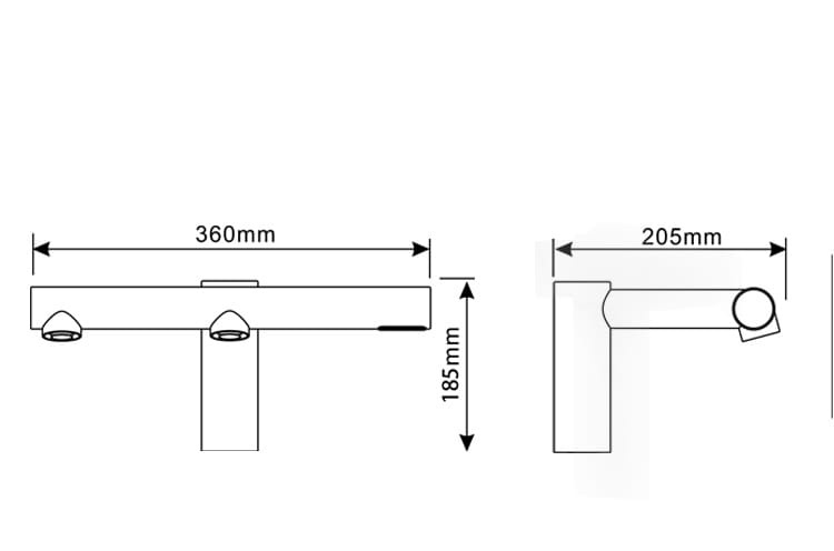 Rysunek techniczny bezdotykowej baterii 3w1 z dozownikiem myła + suszarka do rąk