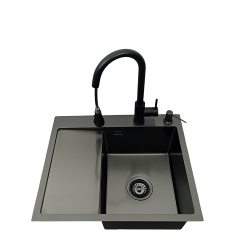 Zlewozmywak stalowy jednokomorowy z ociekaczem czarny 5849 Prawy z Dozownikiem i Baterią MIURA