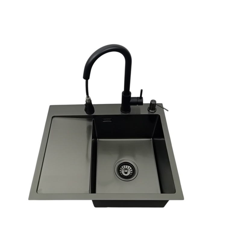 Zlewozmywak stalowy jednokomorowy z ociekaczem czarny 5849 Prawy z Dozownikiem i Baterią MIURA