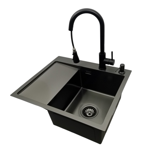 Zlewozmywak stalowy czarny jednokomorowy z ociekaczem + bateria + dozownik