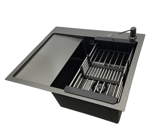 Czarny zlewozmywak + koszyk + dozownik