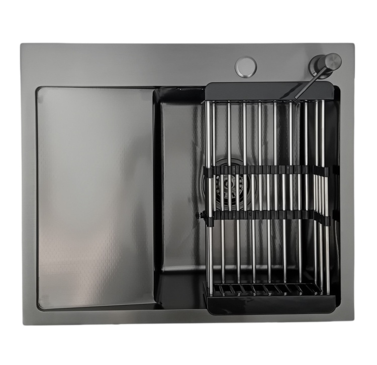 Zlewozmywak stalowy jednokomorowy z ociekaczem czarny 5849 Prawy z Dozownikiem i Koszykiem