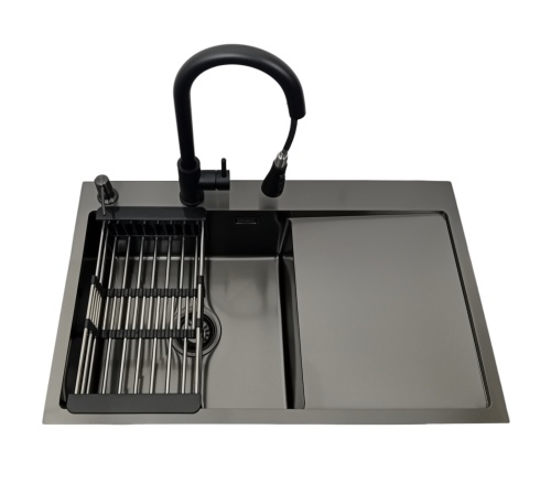 Zlewozmywak stalowy STEEL 7849L CZARNY z Dozownikiem, Baterią MIURA i Koszyk