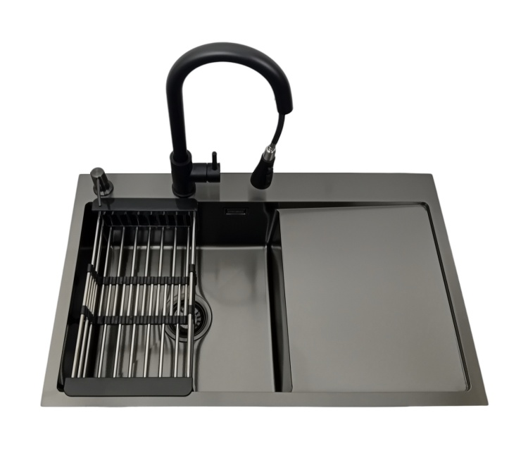 Zlewozmywak stalowy STEEL 7849L CZARNY z Dozownikiem, Baterią MIURA i Koszyk