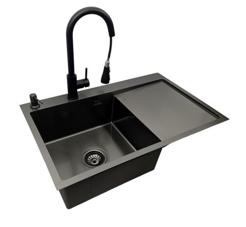 Zlew stalowy STEEL 7849L CZARNY z Dozownikiem i Baterią MIURA STELLMAN