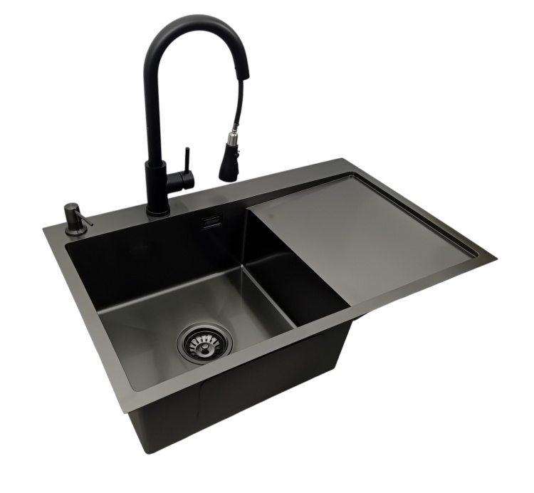 Zlew stalowy STEEL 7849L CZARNY z Dozownikiem i Baterią MIURA STELLMAN