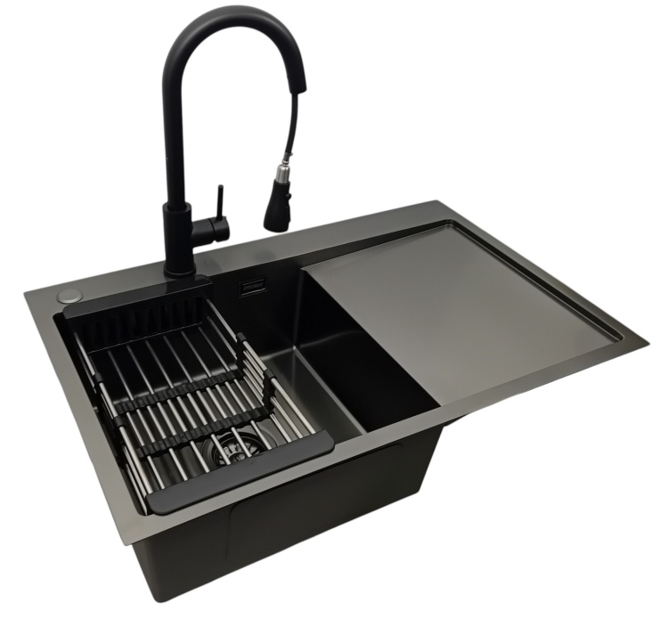 Zlewozmywak 7849 lewy czarny + bateria + koszyk STELLMAN