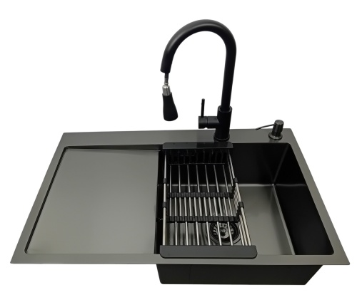 Zlewozmywak stalowy 7849R CZARNY z Dozownikiem, Baterią MIURA i Koszyk