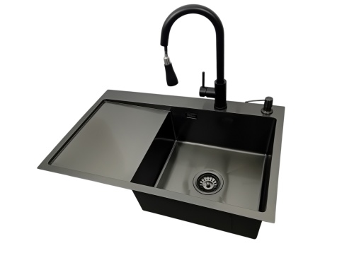 Zlewozmywak 7849 prawy czarny bateria dozownik STELLMAN