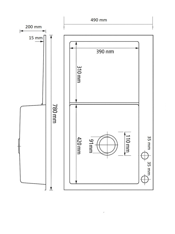Rysunek techniczny - zlewozmywak czarny 7849 prawy