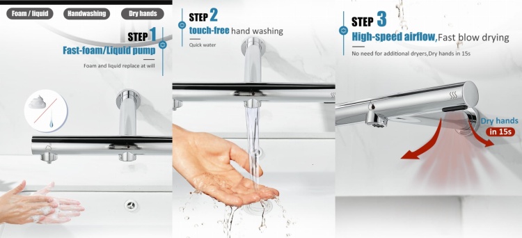 Bateria bezdotykowa umywalkowa Power 3w1 dozownik suszarka złota podtynkowa