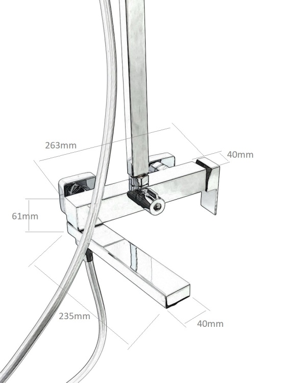 Zestaw wannowo natryskowy z deszczownicą QATRO Chrom 1633C wylewka - rysunek techniczny