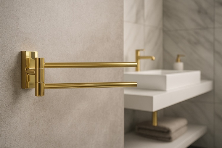 Wieszak na ręcznik ruchomy podwójny ARGIO zloty w łazience