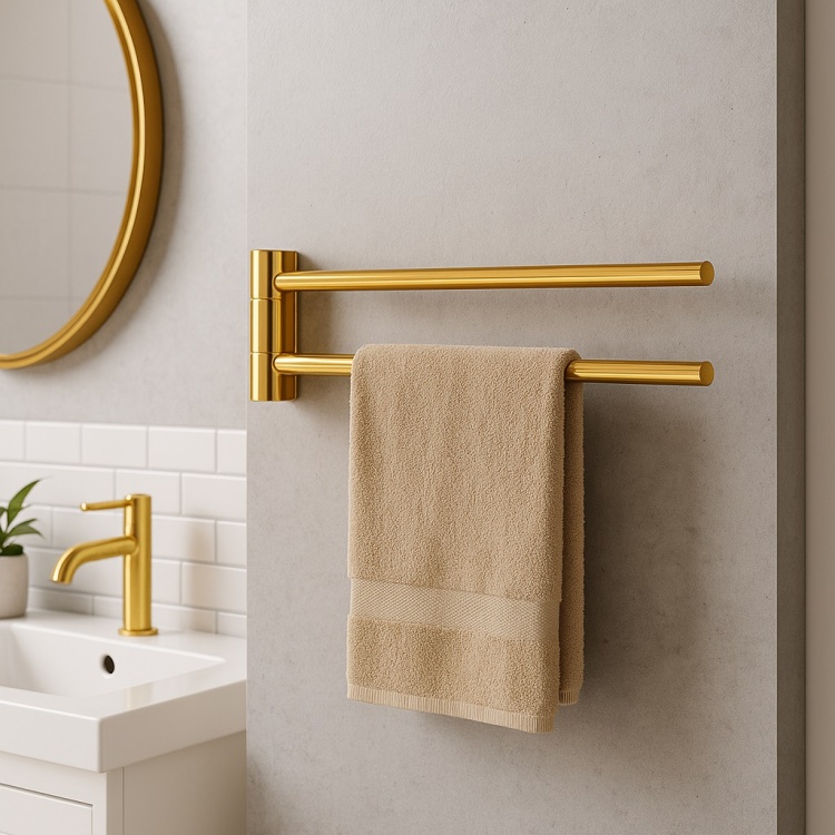 Wieszak na ręcznik ruchomy podwójny ARGIO złoty z ręcznikiem