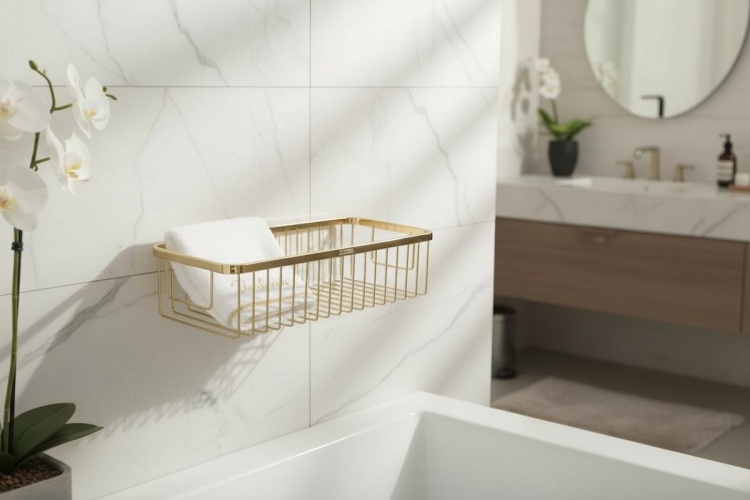 Koszyk metalowy do łazienki złoty z ręcznikiem