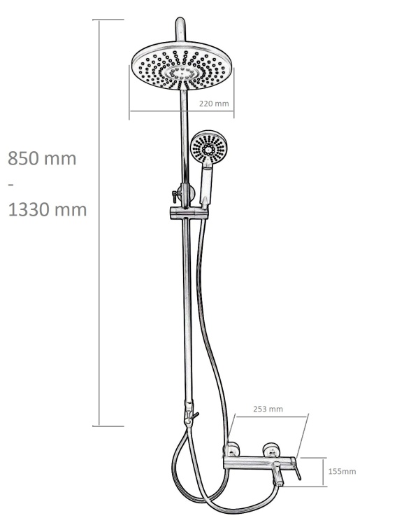UNO BLACK zestaw bateria prysznicowa wannowa z deszczownicą CZARNY - rysunek techniczny