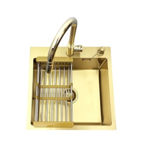 Zlewozmywak stalowy STELLMAN 5050 Gold 50x50 + bateria AFINO Gold + dozownik + koszyk teleskopowy
