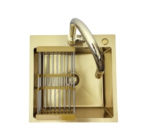 Zlewozmywak stalowy STELLMAN 5050 Gold 50x50 + bateria AFINO Gold + koszyk teleskopowy