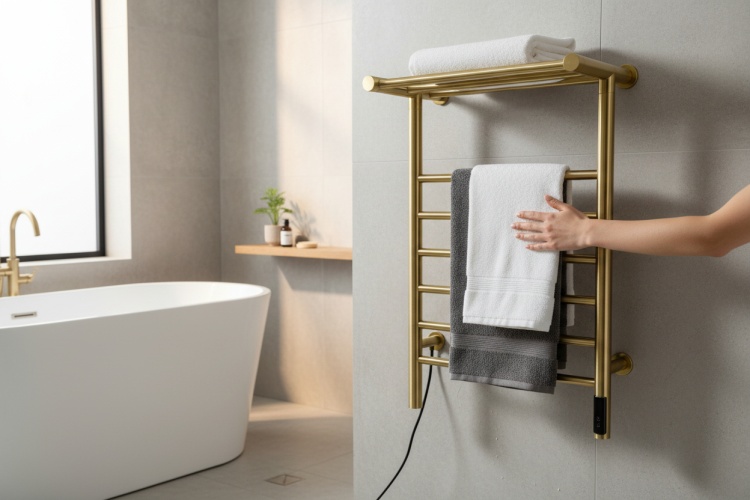 grzejnik_elektryczny_na_sciane_ z_polka_zloty_w_lazience.jpeg