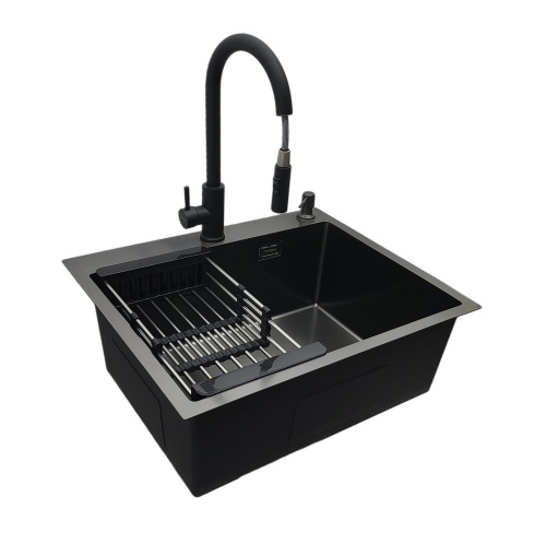 Zlewozmywak czarny jednokomorowy z koszykiem, dozownikiem i bateria
