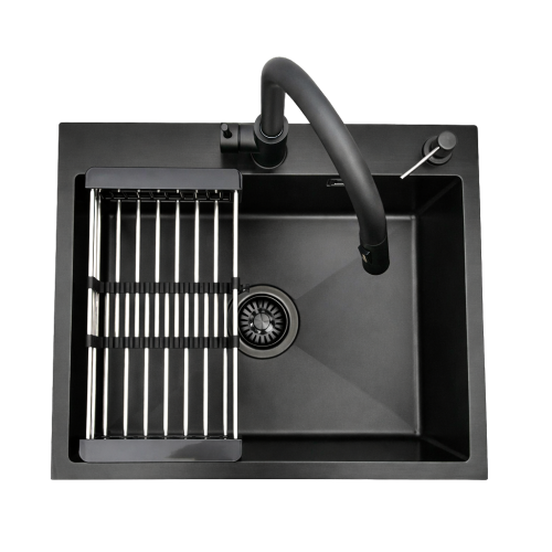 Zlewozmywak stalowy jednokomorowy czarny 60x50 z Dozownikiem, Baterią AFINO i Koszykiem