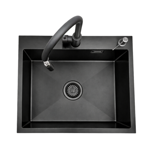 Zlewozmywak stalowy jednokomorowy czarny 60x50 z Dozownikiem i Baterią AFINO