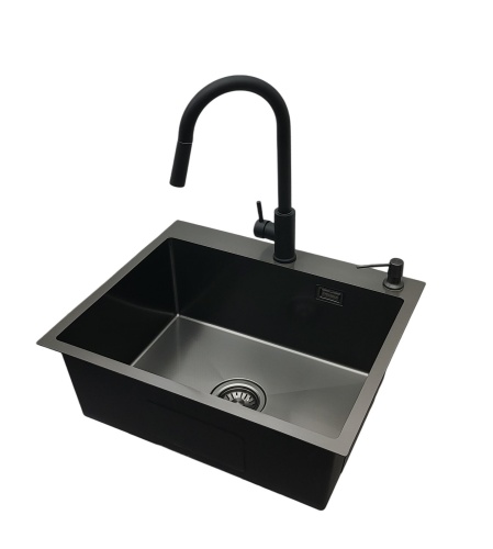 Zlewozmywak czarny stalowy jednokomorowy 60x50 z Dozownikiem i Baterią AFINO