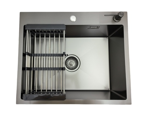 Zlew stalowy czarny jednokomorowy z koszykiem i dozownikiem Stellman